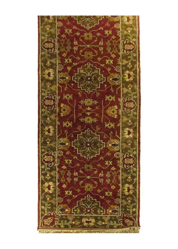 Oriental Rug Indian Handmade Runner Transitional 2'6"x11'11" (3x12) Red Green Geometric Design #A28860