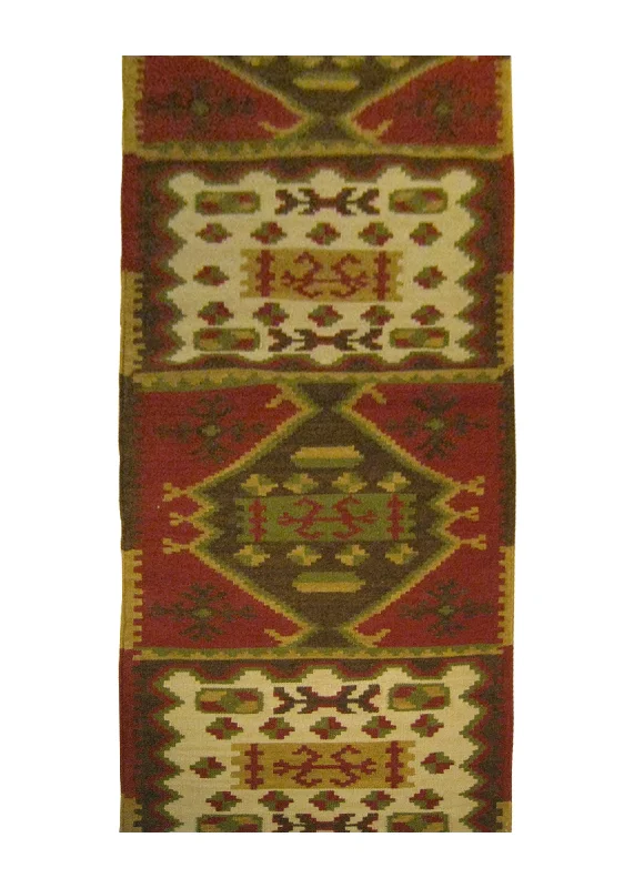 Oriental Rug Indian Handmade Runner Transitional 2'6"x12'0" (3x12) Red Green Whites/Beige Dhurrie Geometric Design #A25874