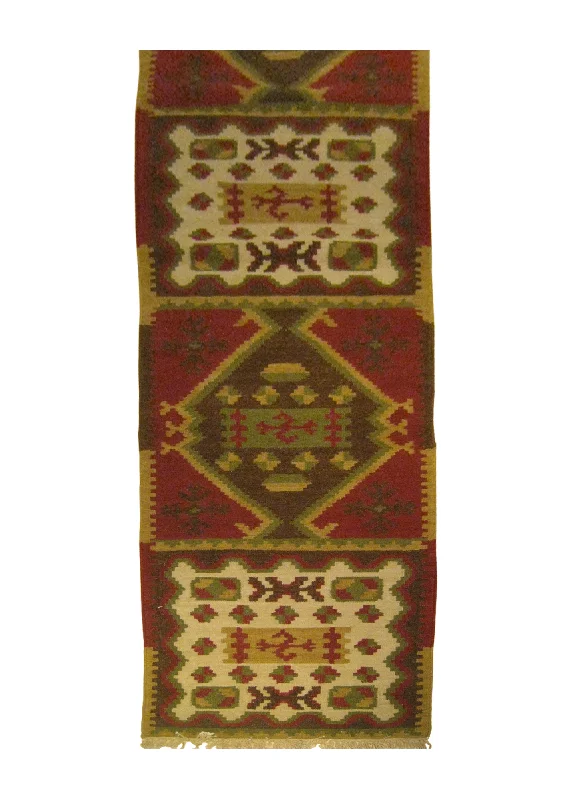 Oriental Rug Indian Handmade Runner Transitional 2'6"x12'0" (3x12) Red Green Whites/Beige Dhurrie Geometric Design #A25875