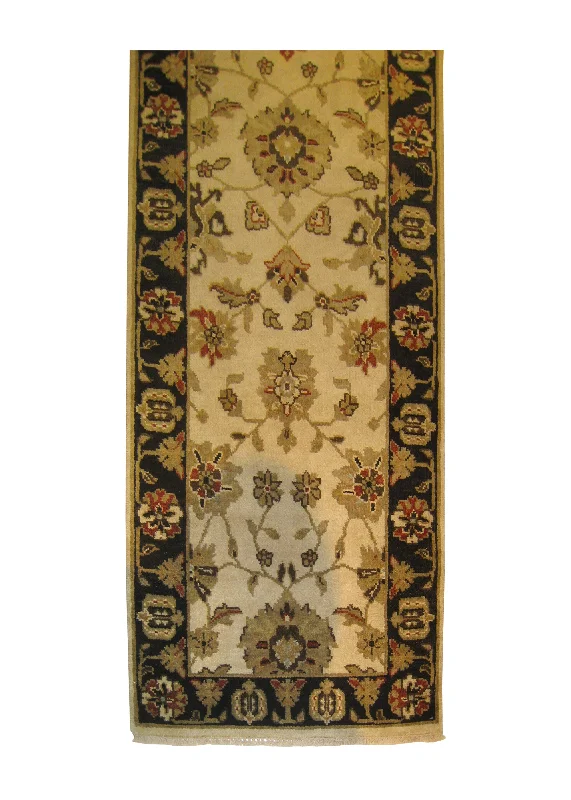 Oriental Rug Indian Handmade Runner Transitional 2'7"x11'9" (3x12) Whites/Beige Black Geometric Design #A27124