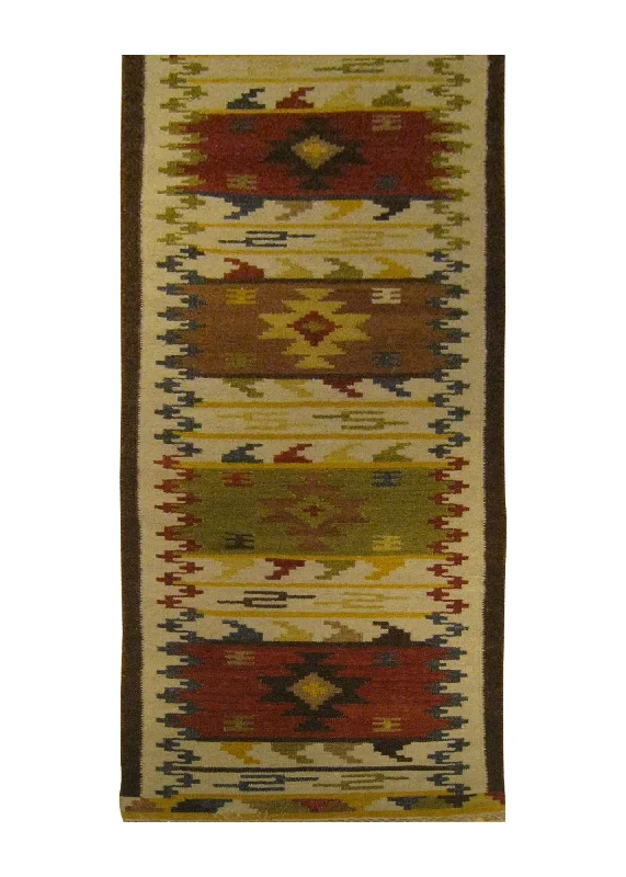 Oriental Rug Indian Handmade Runner Transitional 2'6"x12'0" (3x12) Whites/Beige Multi-color Yellow/Gold Dhurrie Geometric Design #A25900