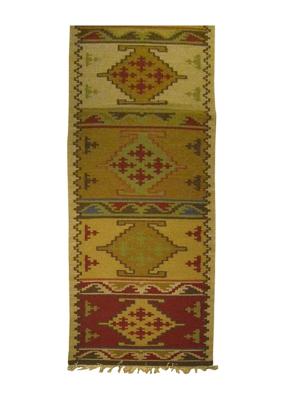 Oriental Rug Indian Handmade Runner Transitional 2'6"x12'0" (3x12) Whites/Beige Red Green Dhurrie Geometric Design #A25871