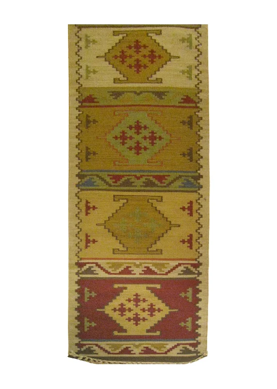 Oriental Rug Indian Handmade Runner Transitional 2'6"x12'0" (3x12) Whites/Beige Red Green Dhurrie Geometric Design #A25873