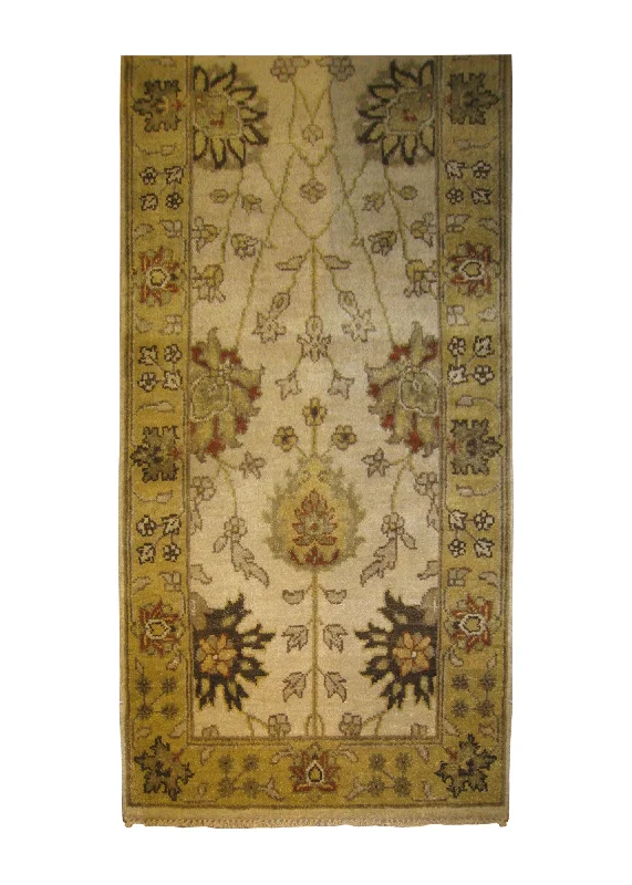 Oriental Rug Indian Handmade Runner Transitional 2'6"x11'10" (3x12) Whites/Beige Yellow/Gold Geometric Oushak Design #A27086