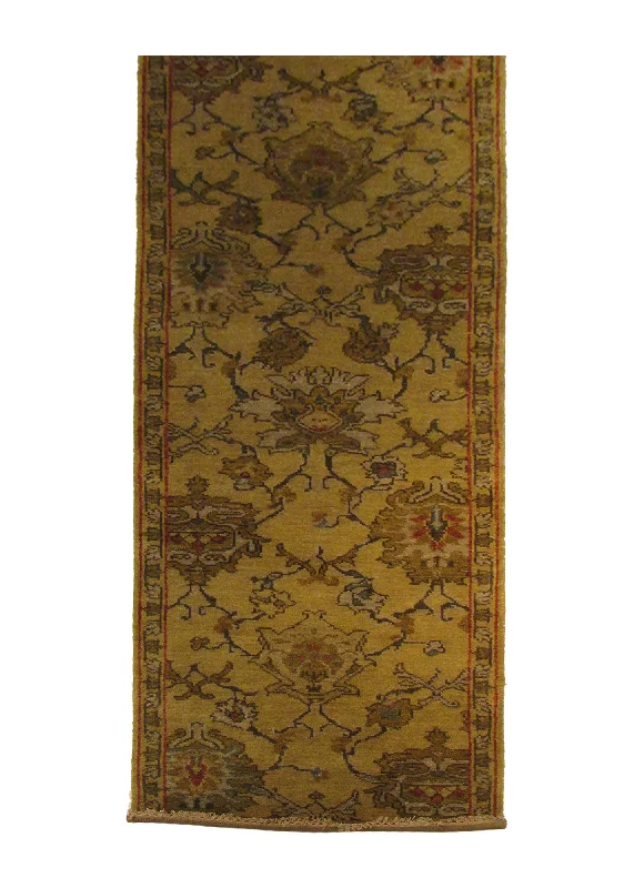 Oriental Rug Indian Handmade Runner Transitional 2'6"x12'0" (3x12) Yellow/Gold Floral Design #A28505