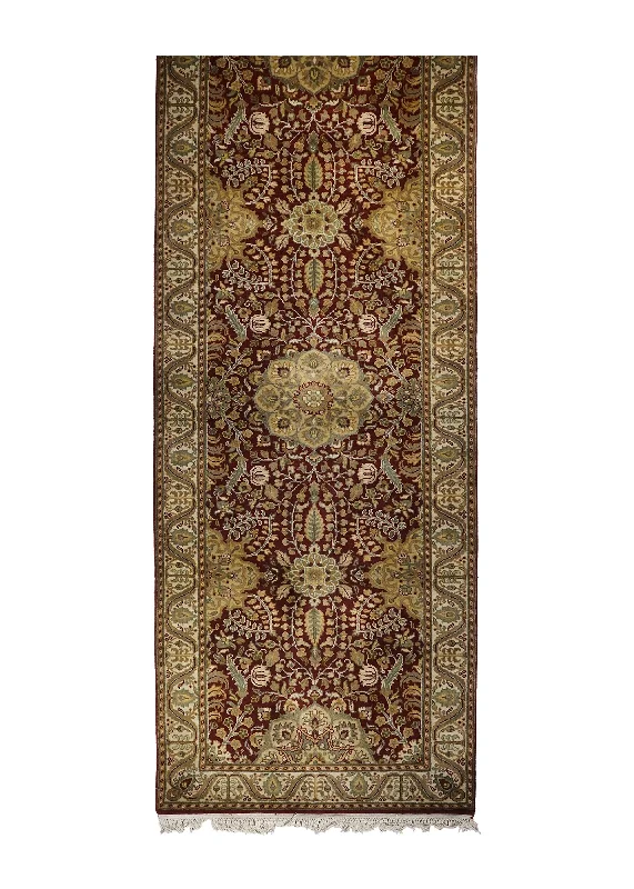 Oriental Rug Indian Handmade Runner Transitional 3'2"x13'9" (3x14) Red Whites/Beige Tea Washed Floral Design #A26403