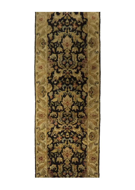 Oriental Rug Indian Handmade Runner Transitional 2'6"x8'0" (3x8) Black Whites/Beige Tea Washed Floral Design #A28089