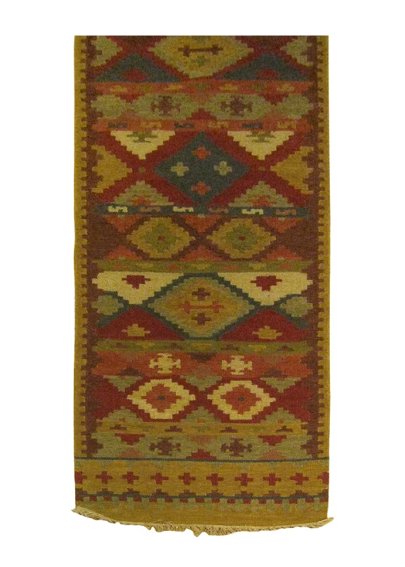 Oriental Rug Indian Handmade Runner Transitional 2'6"x8'0" (3x8) Brown Red Multi-color Dhurrie Geometric Design #A25878