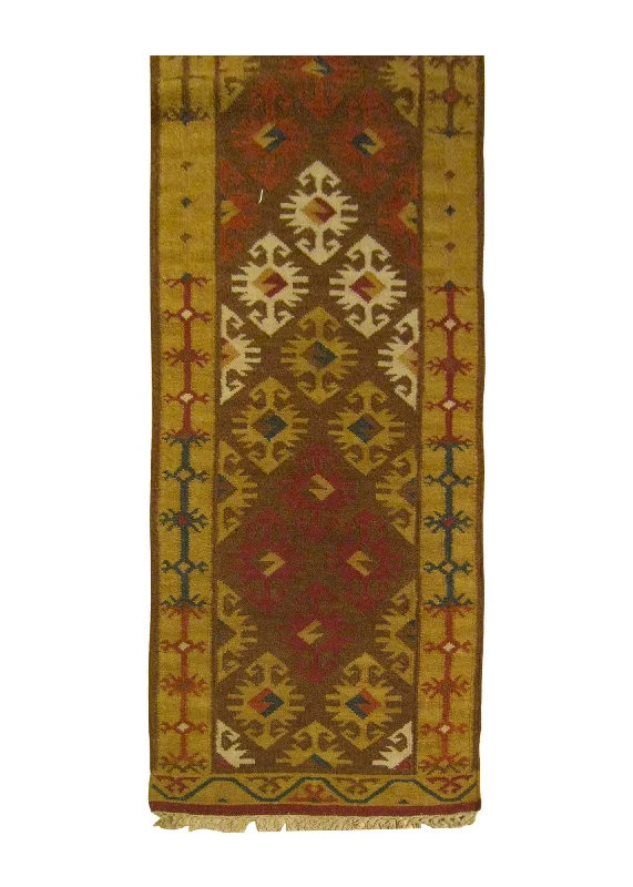 Oriental Rug Indian Handmade Runner Transitional 2'6"x8'0" (3x8) Brown Red Multi-color Dhurrie Geometric Design #A25889