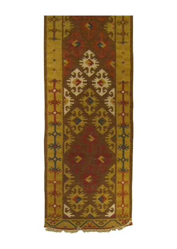 Oriental Rug Indian Handmade Runner Transitional 2'6"x8'0" (3x8) Brown Red Multi-color Dhurrie Geometric Design #A25890