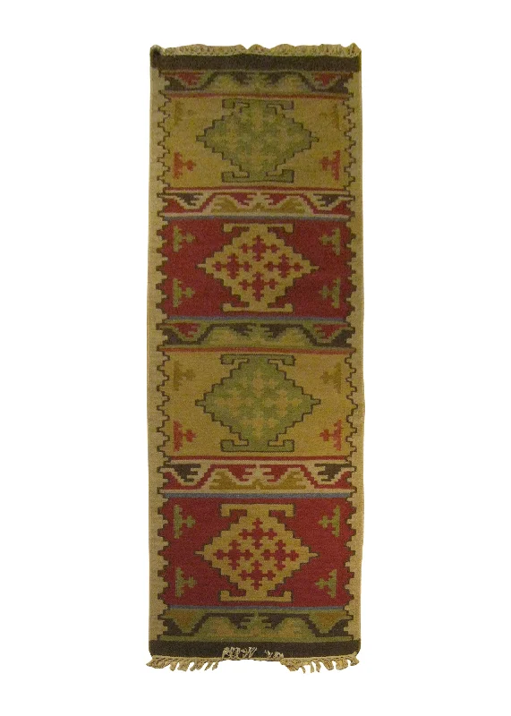 Oriental Rug Indian Handmade Runner Transitional 2'6"x8'0" (3x8) Multi-color Red Green Dhurrie Geometric Design #A25887