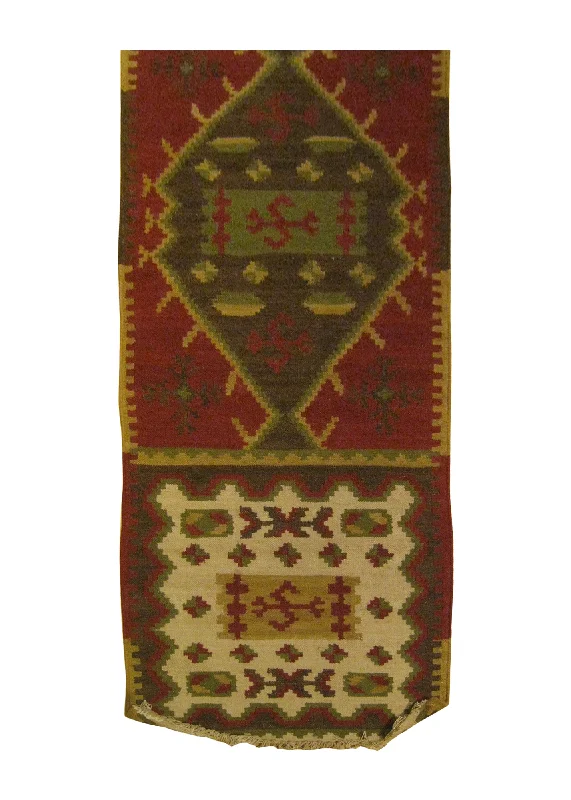 Oriental Rug Indian Handmade Runner Transitional 2'6"x8'0" (3x8) Red Green Multi-color Dhurrie Geometric Design #A25883