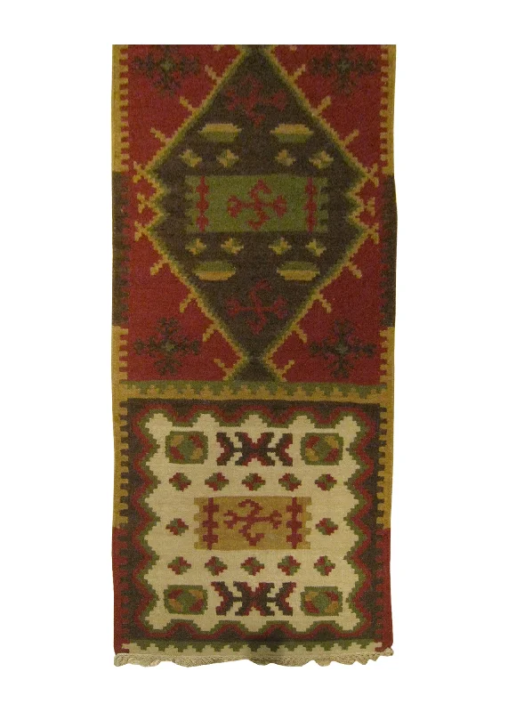 Oriental Rug Indian Handmade Runner Transitional 2'6"x8'0" (3x8) Red Green Multi-color Dhurrie Geometric Design #A25884