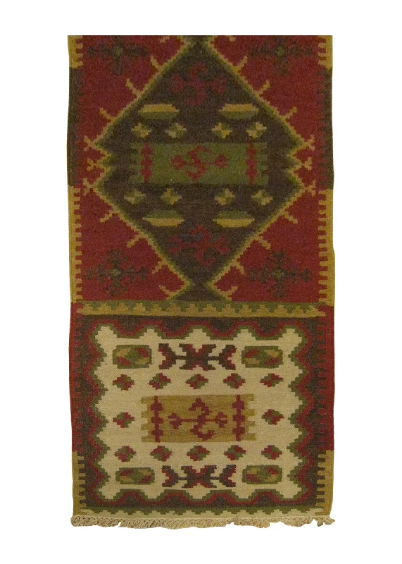 Oriental Rug Indian Handmade Runner Transitional 2'6"x8'0" (3x8) Red Green Whites/Beige Dhurrie Geometric Design #A25877