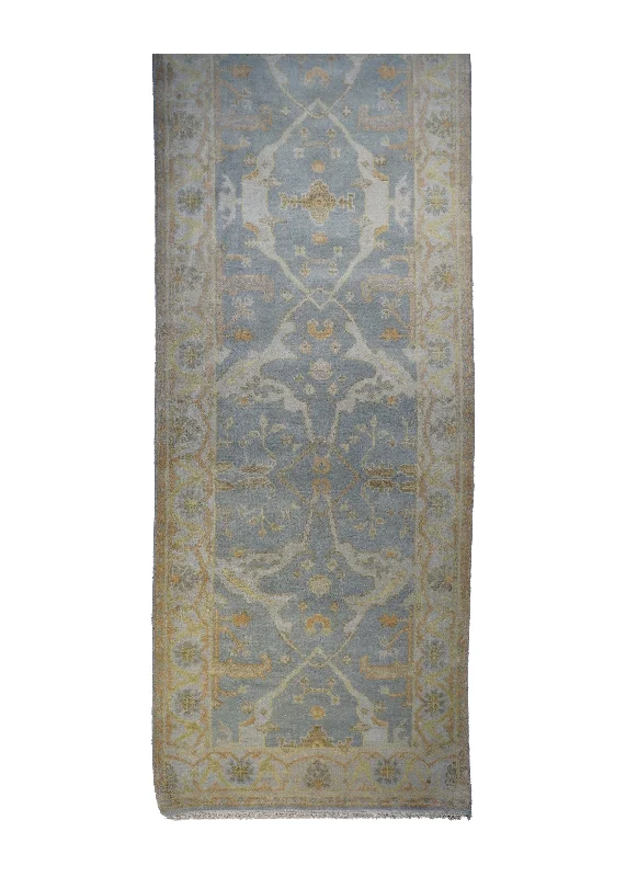 Oriental Rug Indian Handmade Runner Transitional 3'6"x32'6" (4x33) Blue Whites/Beige Yellow/Gold Oushak Geometric Design #A27741