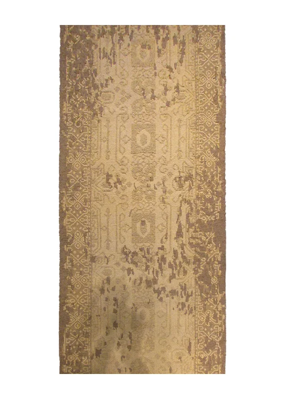 Oriental Rug Indian Handmade Runner Transitional Neutral 2'7"x9'10" (3x10) Yellow/Gold Brown Floral Erased Abstract Design #A28462