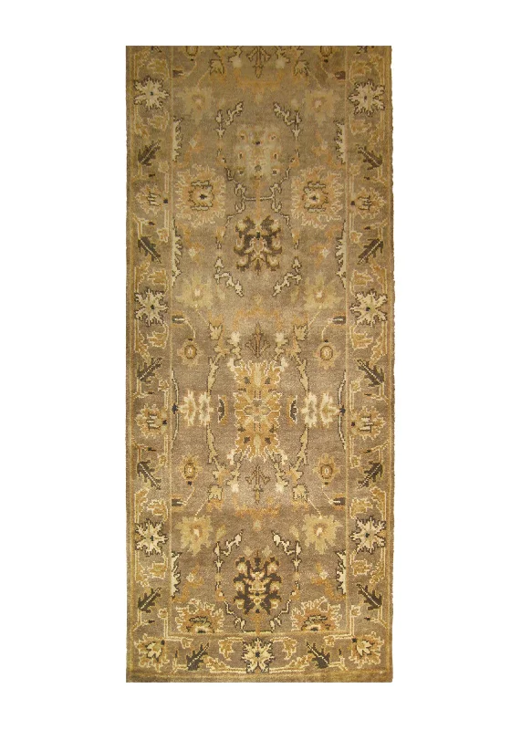 Oriental Rug Indian Handmade Runner Transitional Neutral 2'8"x11'10" (3x12) Brown Yellow/Gold Geometric Oushak Design #A27123