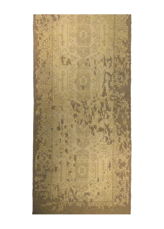 Oriental Rug Indian Handmade Runner Transitional Neutral 2'7"x11'9" (3x12) Yellow/Gold Brown Floral Erased Abstract Design #A28464