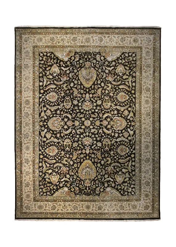 Oriental Rug Indian Handmade Area Transitional 8'11"x11'8" (9x12) Black Green Floral Design #A34899