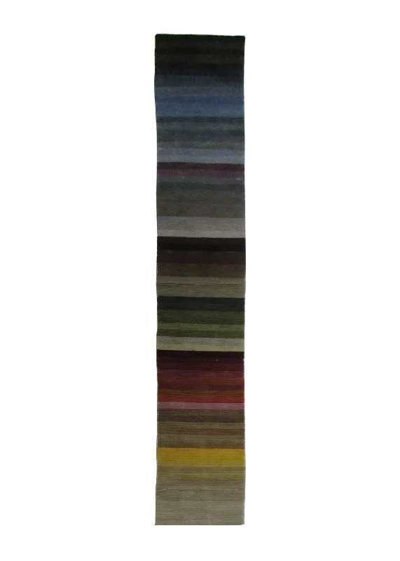 Oriental Rug Indian Handmade Runner Modern 1'0"x11'10" (1x12) Multi-color Stripes Design #A28633