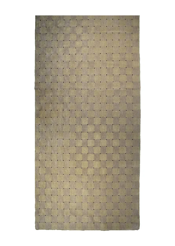 Oriental Rug Nepalese Handmade Runner Modern 3'11"x9'8" (4x10) Whites/Beige Checkered Geometric Design #A26258