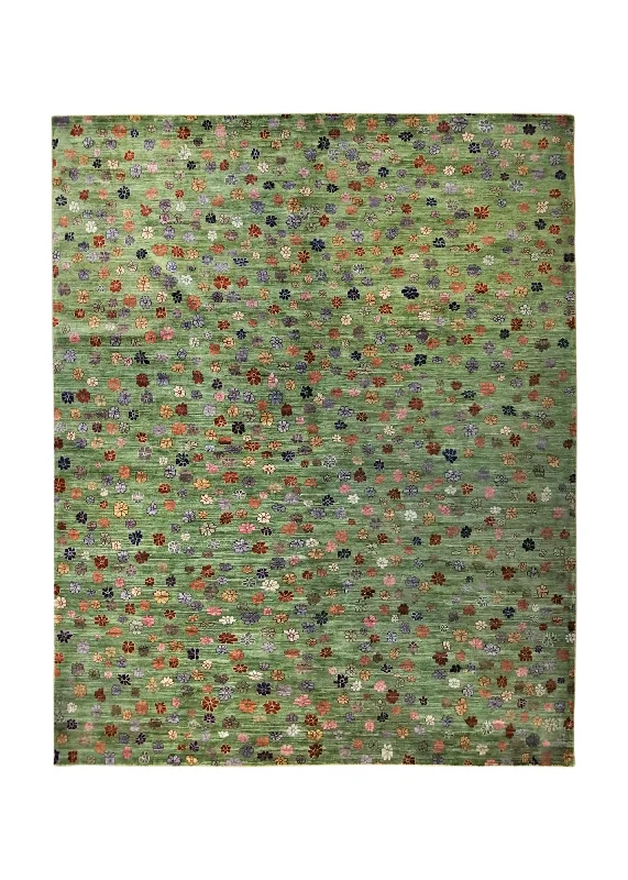 Oriental Rug Pakistani Handmade Area Transitional 8'4"x10'3" (8x10) Green Multi-color Floral Lori Gabbeh Design #A34779