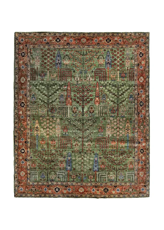 Oriental Rug Pakistani Handmade Area Transitional 8'3"x9'10" (8x10) Green Orange Tree of Life Bakhshayesh Design #A34774