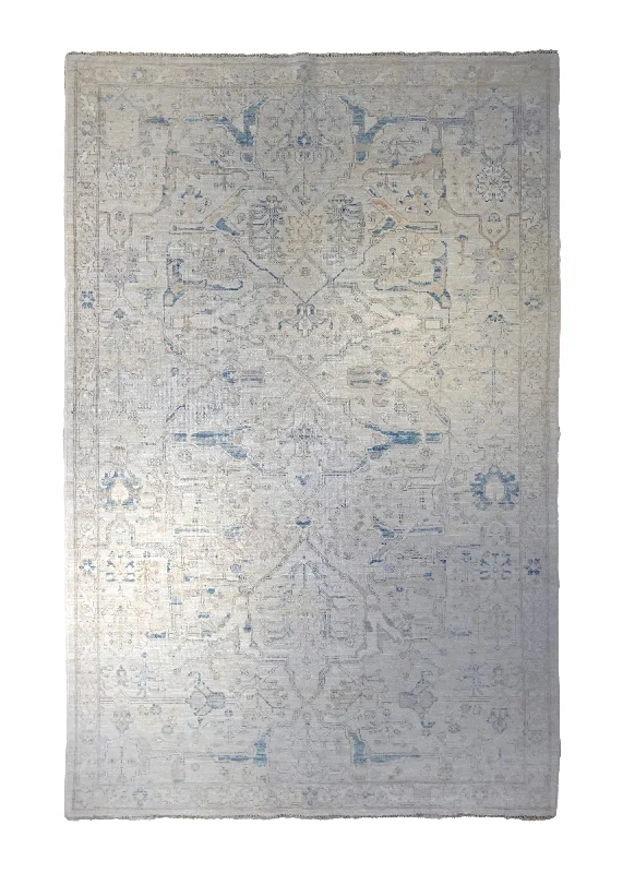 Oriental Rug Pakistani Handmade Area Transitional Neutral 6'0"x9'1" (6x9) Whites/Beige Blue Geometric Heriz Design #A34954