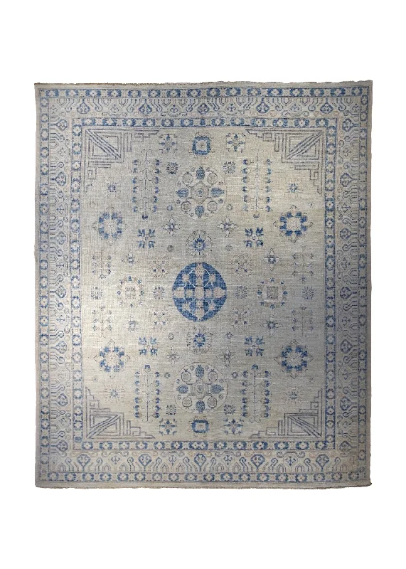 Oriental Rug Pakistani Handmade Area Transitional Neutral 8'2"x9'9" (8x10) Whites/Beige Blue Geometric Khotan Design #A34967