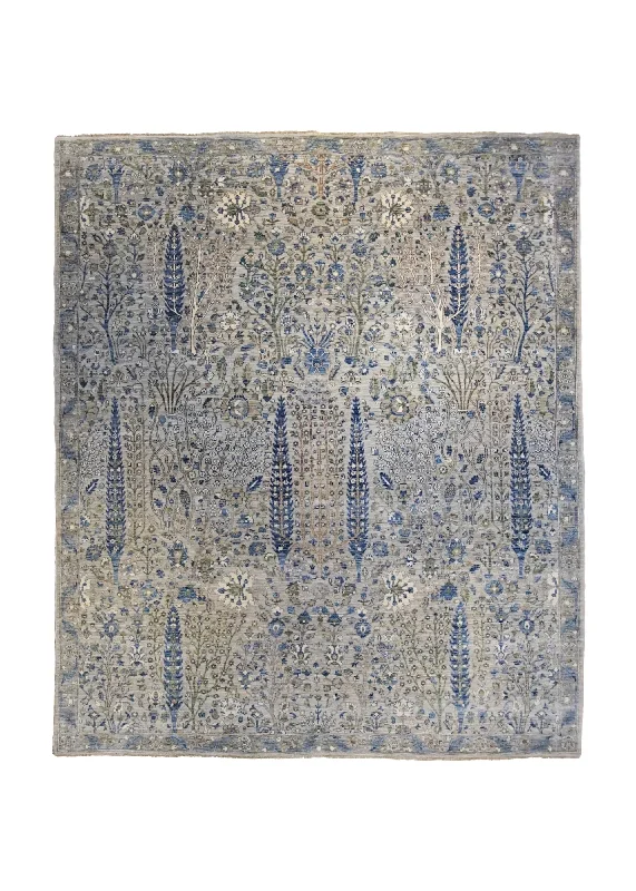 Oriental Rug Pakistani Handmade Area Transitional Neutral 8'0"x9'1" (8x9) Whites/Beige Blue Tree of Life Bakhshayesh Design #A34829