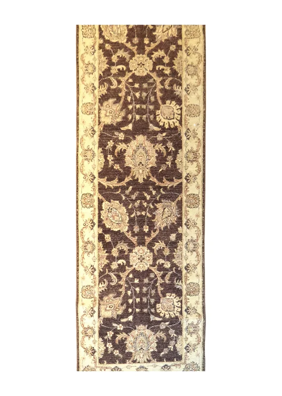 Oriental Rug Pakistani Handmade Runner Transitional 2'5"x11'5" (2x11) Brown Whites/Beige Antique Washed Oushak Floral Design #A27214