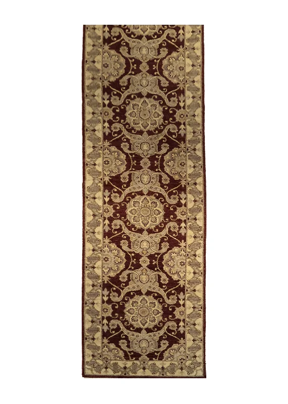 Oriental Rug Pakistani Handmade Runner Transitional 2'5"x12'4" (2x12) Red Whites/Beige Antique Washed Oushak Floral Design #A27219