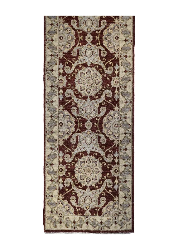 Oriental Rug Pakistani Handmade Runner Transitional 2'5"x12'5" (2x12) Red Whites/Beige Antique Washed Oushak Floral Design #A27233