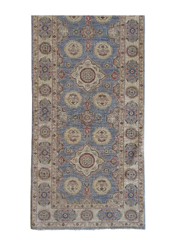 Oriental Rug Pakistani Handmade Runner Transitional 2'11"x9'8" (3x10) Blue Whites/Beige Antique Washed Oushak Floral Design #A26746