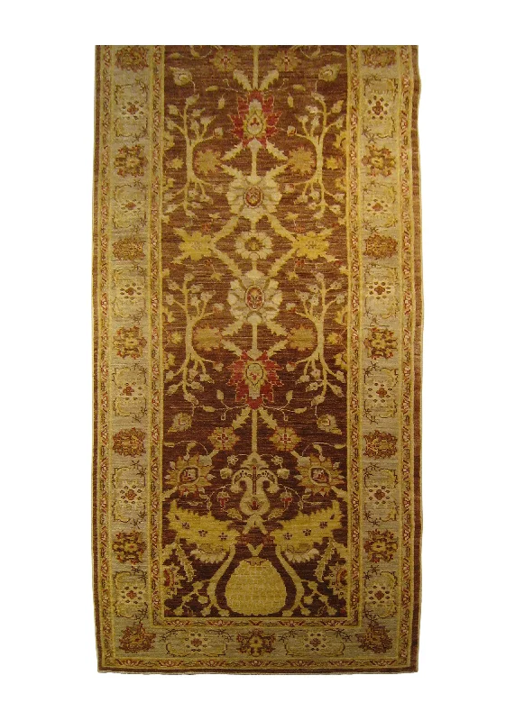 Oriental Rug Pakistani Handmade Runner Transitional 3'2"x10'3" (3x10) Brown Whites/Beige Antique Washed Oushak Floral Design #A26982