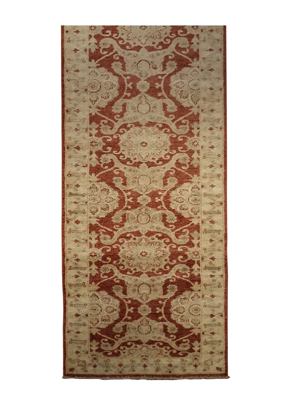 Oriental Rug Pakistani Handmade Runner Transitional 2'6"x9'9" (3x10) Red Whites/Beige Antique Washed Oushak Floral Design #A27232