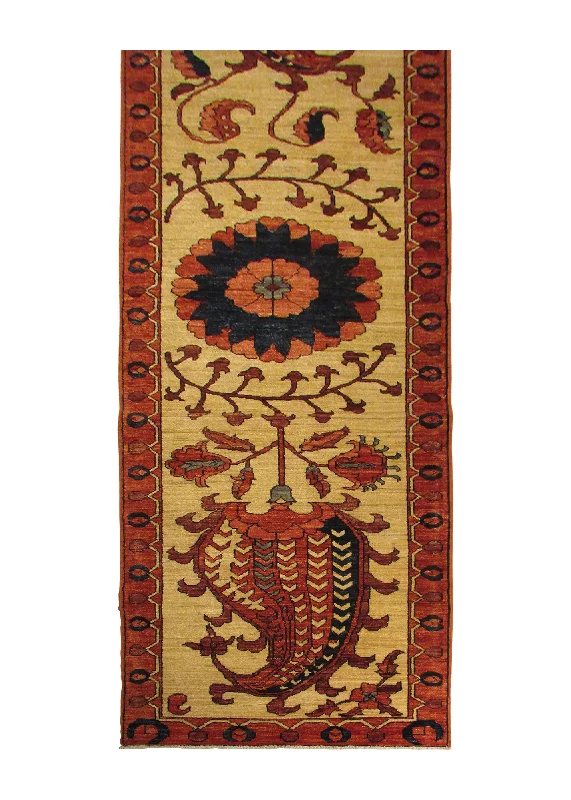 Oriental Rug Pakistani Handmade Runner Transitional 2'9"x9'8" (3x10) Whites/Beige Red Samarkand Geometric Design #A28837