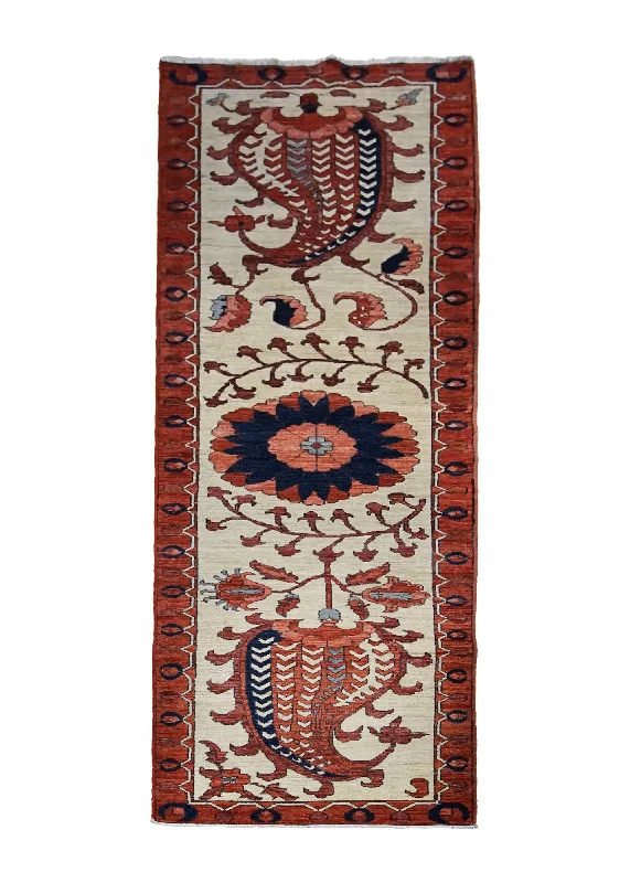 Oriental Rug Pakistani Handmade Runner Transitional 2'9"x10'5" (3x10) Whites/Beige Red Serapi Geometric Design #A29935