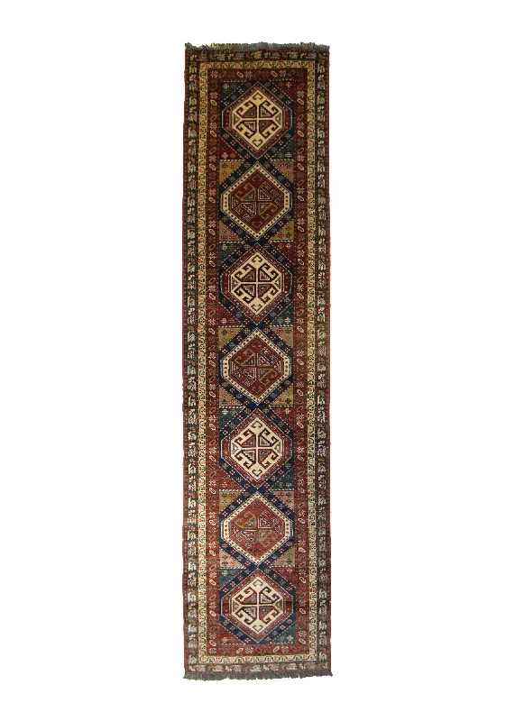 Oriental Rug Pakistani Handmade Runner Transitional 2'7"x10'10" (3x11) Red Blue Green Ghazni Geometric Design #A16889