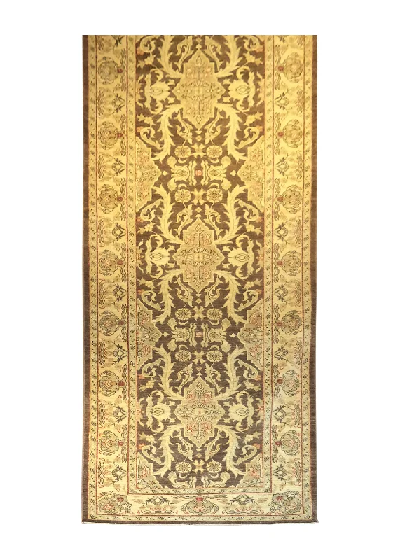 Oriental Rug Pakistani Handmade Runner Transitional 3'2"x13'1" (3x13) Brown Yellow/Gold Antique Washed Oushak Floral Design #A27445