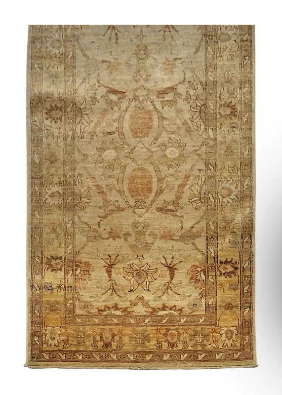 Oriental Rug Pakistani Handmade Runner Transitional 3'0"x12'8" (3x13) Whites/Beige Yellow/Gold Brown Antique Washed Oushak Floral Design #A27420