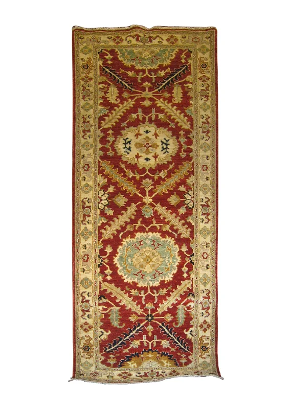 Oriental Rug Pakistani Handmade Runner Transitional 3'0"x7'4" (3x7) Red Whites/Beige Ariana Floral Nooristan Design #A26477