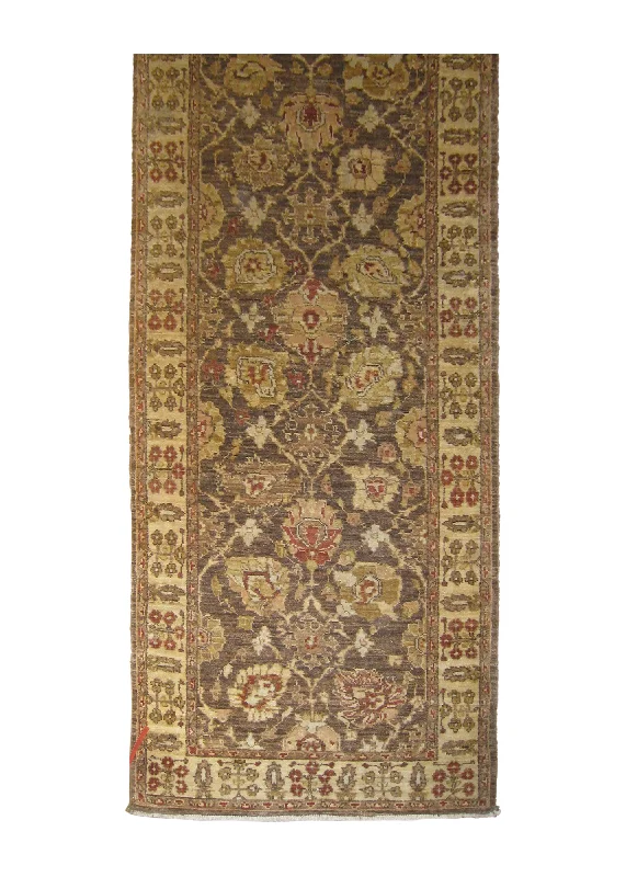 Oriental Rug Pakistani Handmade Runner Transitional 2'7"x7'9" (3x8) Brown Whites/Beige Antique Washed Oushak Floral Design #A26843