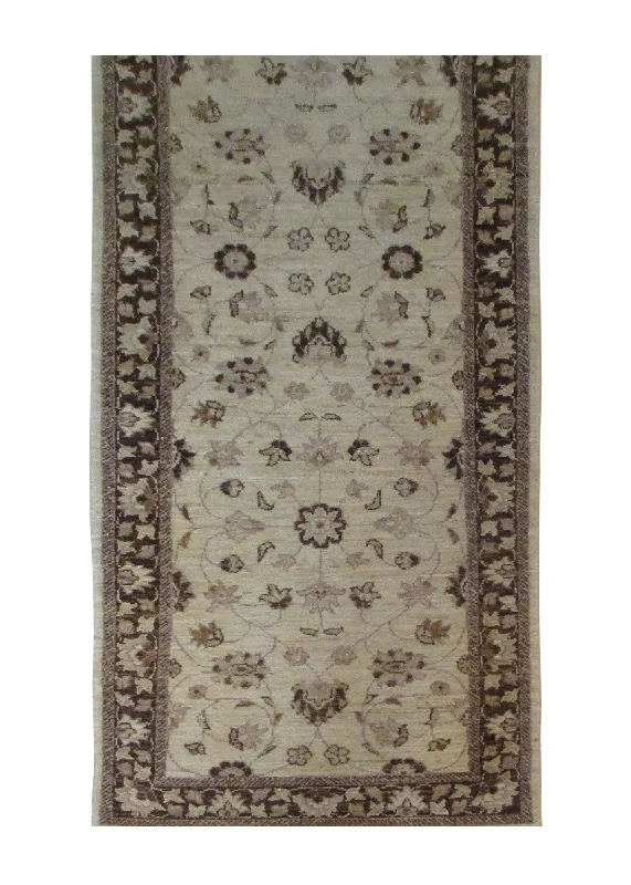 Oriental Rug Pakistani Handmade Runner Transitional 2'7"x8'2" (3x8) Whites/Beige Brown Antique Washed Oushak Floral Design #A29170