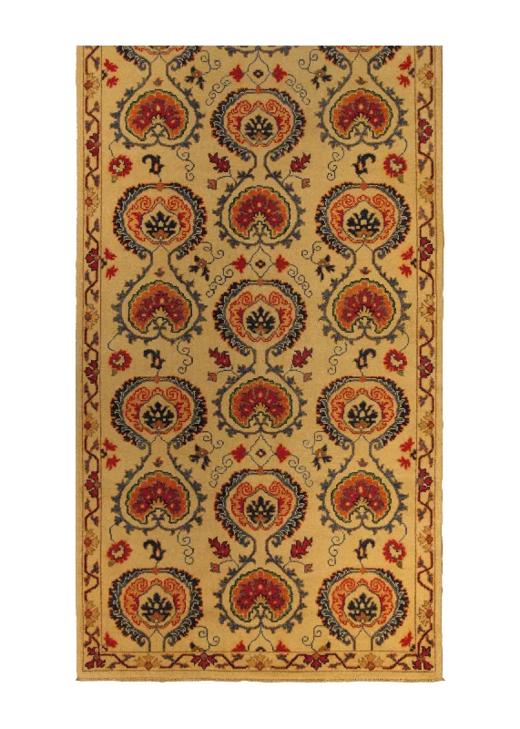 Oriental Rug Pakistani Handmade Runner Transitional 4'0"x11'5" (4x11) Whites/Beige Red Suzani Geometric Design #A29517