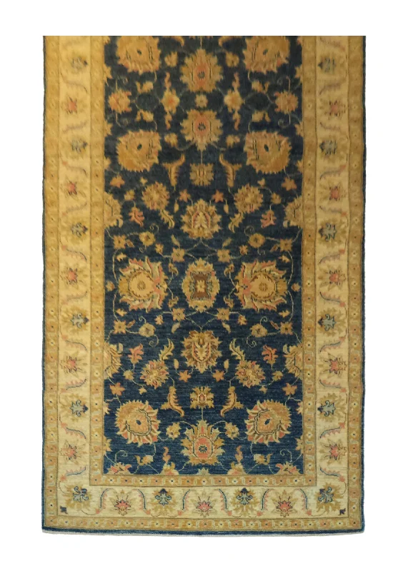 Oriental Rug Pakistani Handmade Runner Transitional 3'11"x12'2" (4x12) Blue Yellow/Gold Antique Washed Oushak Design #A27140