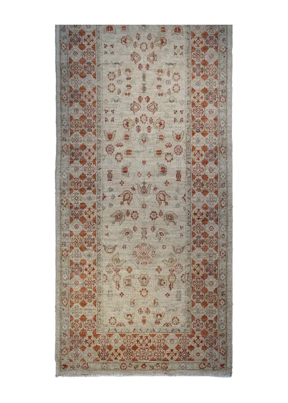 Oriental Rug Pakistani Handmade Runner Transitional 4'0"x14'0" (4x14) Whites/Beige Red Antique Washed Ghazni Floral Design #A16567