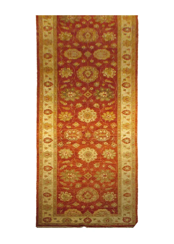 Oriental Rug Pakistani Handmade Runner Transitional 3'10"x17'9" (4x18) Red Whites/Beige Antique Washed Oushak Floral Design #A28507