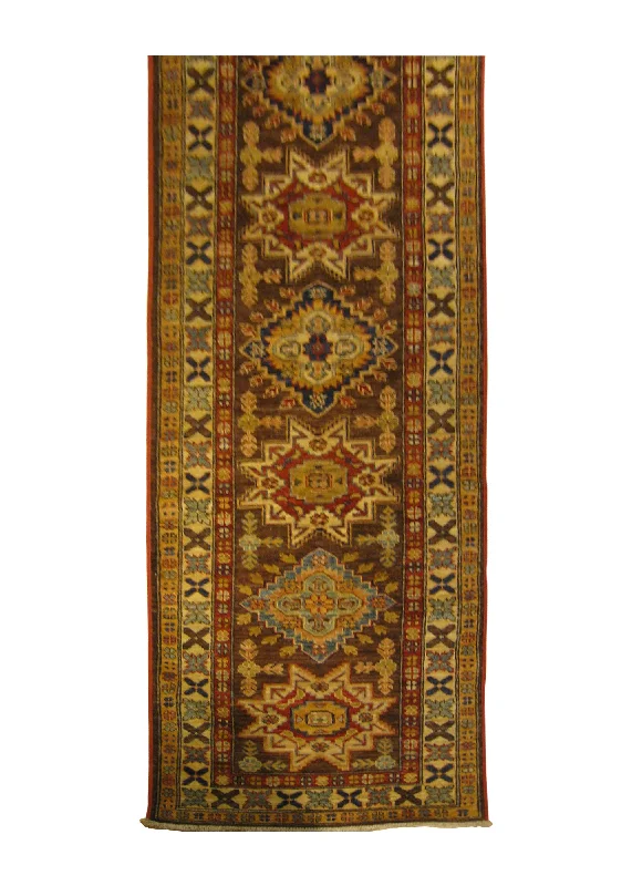 Oriental Rug Pakistani Handmade Runner Transitional Tribal 2'4"x9'7" (2x10) Brown Ghazni Kazak Geometric Design #A26875