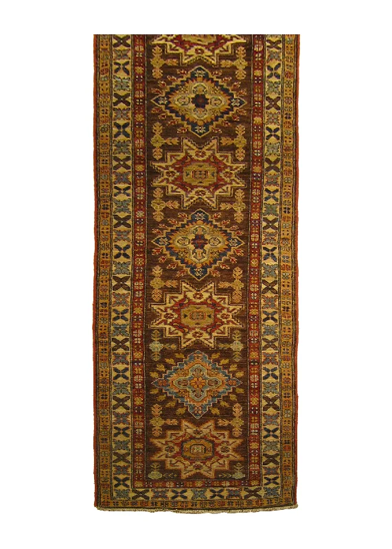 Oriental Rug Pakistani Handmade Runner Transitional Tribal 2'4"x9'7" (2x10) Brown Ghazni Kazak Geometric Design #A26906